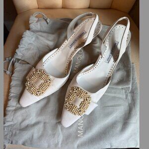 Manolo Blahnik White Pearl-Embellished Slingback Heels